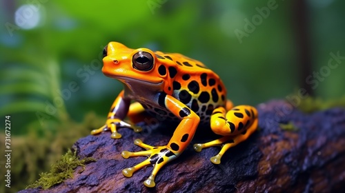 A vibrant and colorful frog perched on a branch in the heart of the forest, captured in a close-up view, showcasing the intricate patterns and hues of its skin 