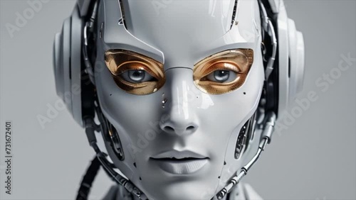 White golden modern female robot android on white background photo