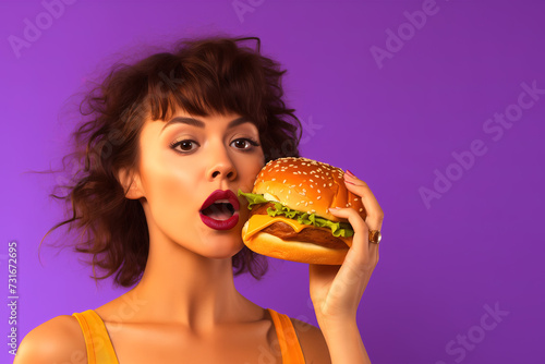 Portrait of a woman eating a delicious cheeseburger on a colored background.