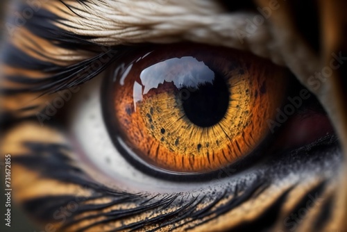 AI generated illustration of a beautiful reflective orange eye of an animal photo