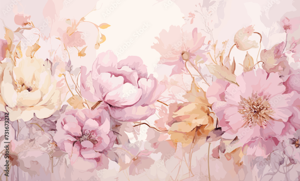 Watercolor pink gold flower abstract mural, peonies, tulips, rose, large delicate voluminous flowers, background, wallpaper Watercolor pink gold flower abstract mural, peonies, tulips, rose, large delicate voluminous flowers, background, wallpaper