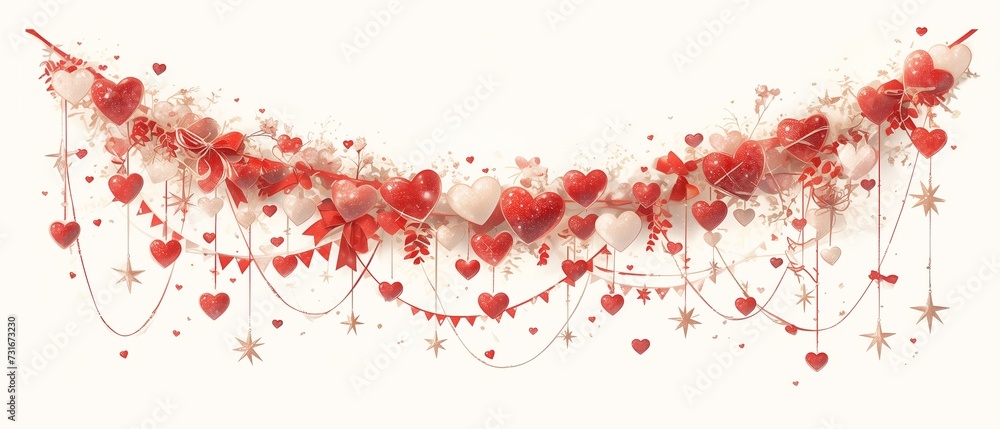 Garland,bright light red, sparkling glitter smal and big hearts on white background,valentins day,mothers day Garland,bright light red, sparkling glitter smal and big hearts on white background,valentins day,mothers day