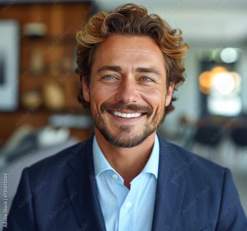 Naklejka premium Portrait of handsome smiling businessman with suit in office background