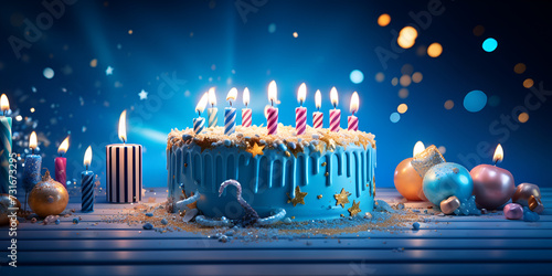 Birthday cake with burning candles and balloons on blue background. 3D Rendering, Birthday cake with burning candles on blue background.