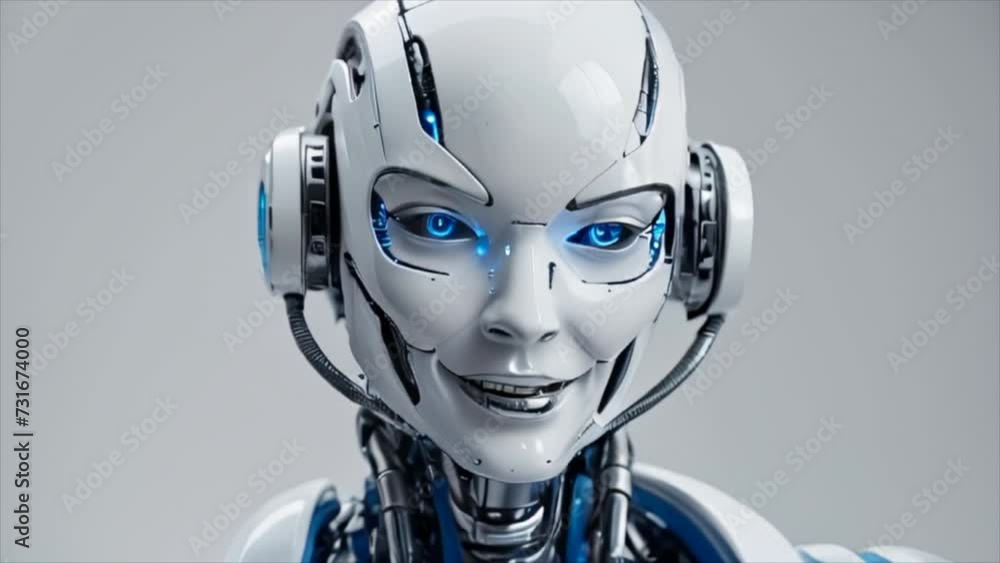 Smiling female robot android on white background Smiling female robot android on white background