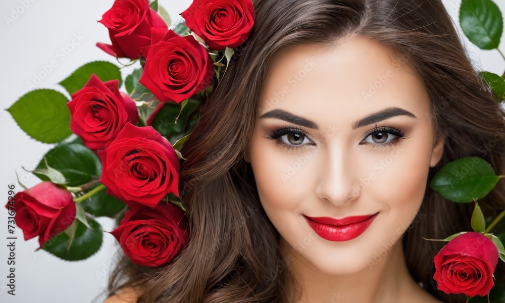 Portrait of a beautiful young woman with red roses