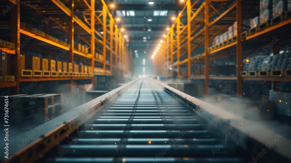 Empty conveyor belt point of view, shelves stretching into the distance, dust particles floating in the air, a sense of anticipation and potential