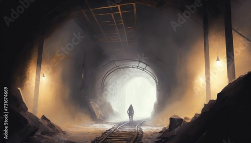 An AI generated illustration of the interior of a mine shaft enveloped in fog.