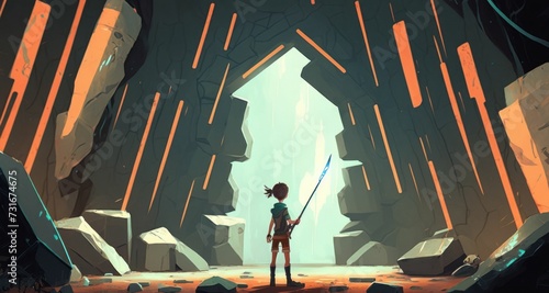 AI generated illustration of a child holding a spear and standing in a cave photo