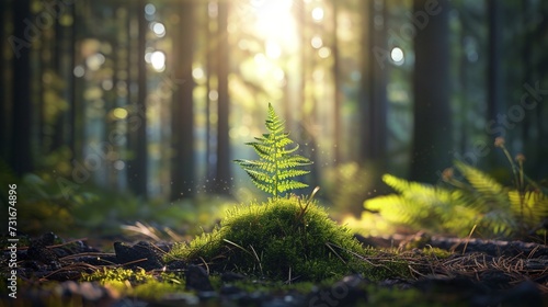 Fern Growing From The Trees, a solitary fern reaching towards the sunlight, surrounded by towering trees in a tranquil woodland setting, a feeling of serenity and harmony with nature