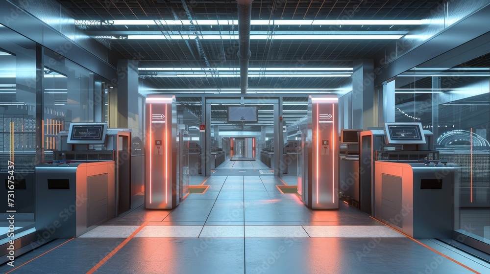 Fototapeta premium Biometric Security Check: Futuristic Access Control at a Secure Facility at Dawn