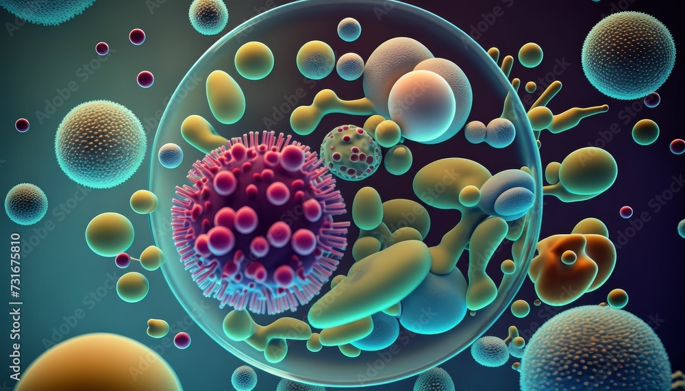 AI-generated illustration of a cell, with coronavirus and several tiny, circular microorganisms. AI-generated illustration of a cell, with coronavirus and several tiny, circular microorganisms.