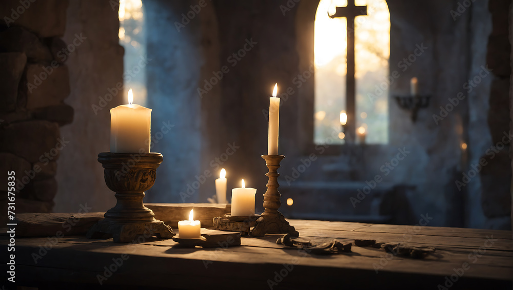 Sakralna Cisza – Ołtarz w Świetle Świec - obrazy, fototapety, plakaty 