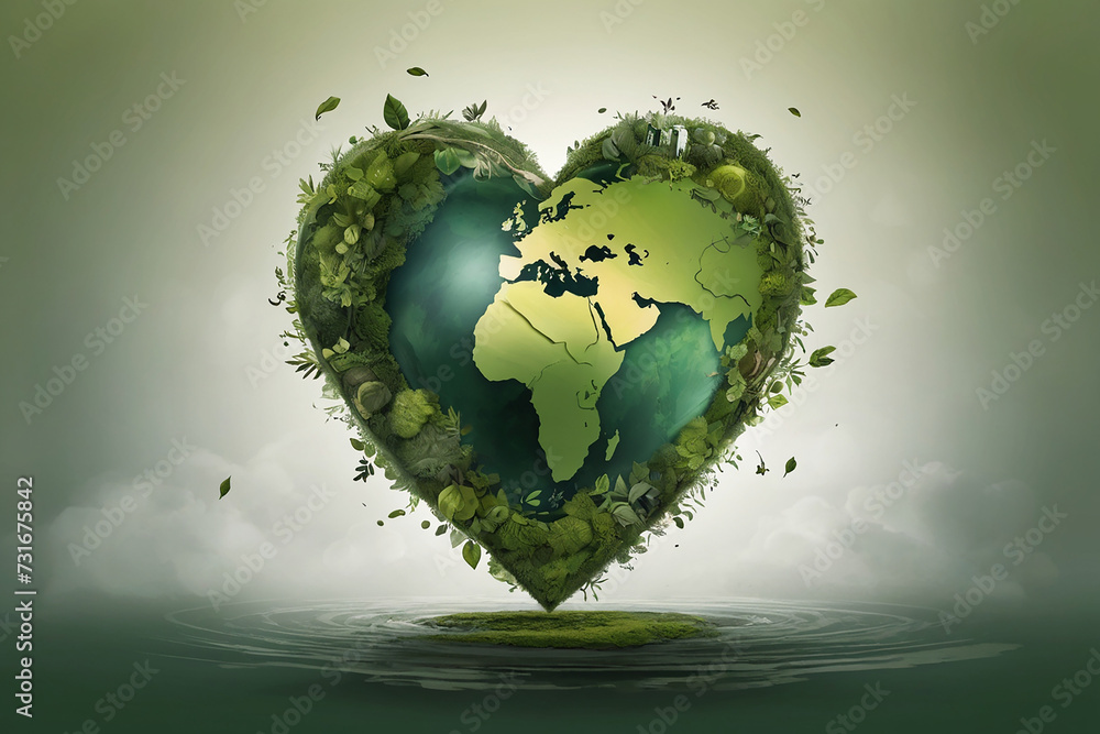Fototapeta premium Heart shaped planet earth with green leaves in the water. Nature concept