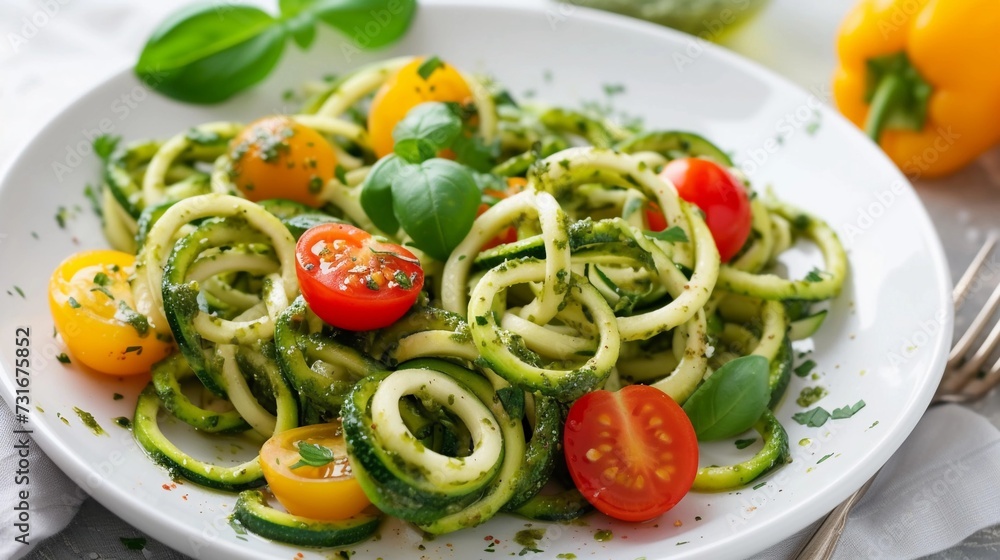 Zucchini Noodles, plate of spiralized zucchini noodles tossed with pesto sauce and cherry tomatoes, background image, generative AI Zucchini Noodles, plate of spiralized zucchini noodles tossed with pesto sauce and cherry tomatoes, background image, generative AI
