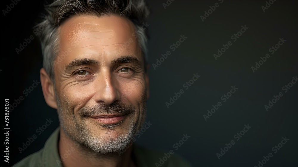 Mature man smiling gently against dark backdrop, casual style. portrait with soft lighting. ideal for lifestyle content. AI Mature man smiling gently against dark backdrop, casual style. portrait with soft lighting. ideal for lifestyle content. AI