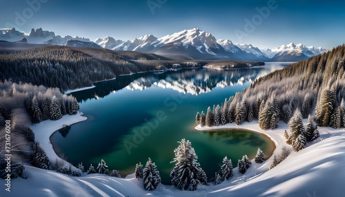 Drone View of Landscape With Lake and Mountains © neoreo