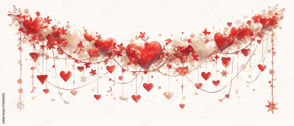 Garland,bright light red, sparkling glitter smal and big hearts on white background,valentins day,mothers day Garland,bright light red, sparkling glitter smal and big hearts on white background,valentins day,mothers day