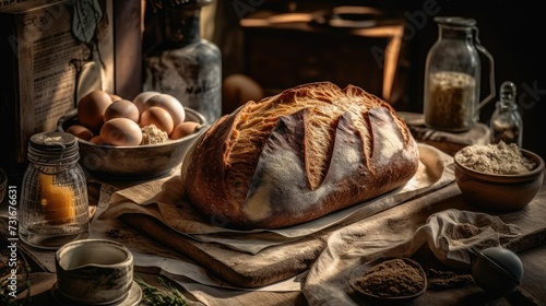 AI generated illustration of a rustic wooden table with a fresh loaf of bread and its ingredients photo