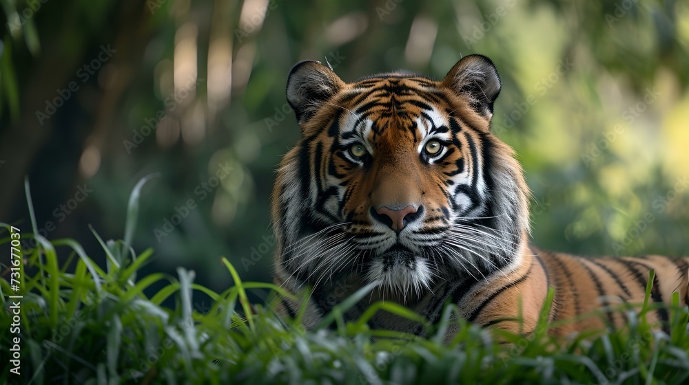 Fototapeta premium Majestic tiger lying in lush greenery, peaceful predator in natural habitat, wildlife photography essentials. AI