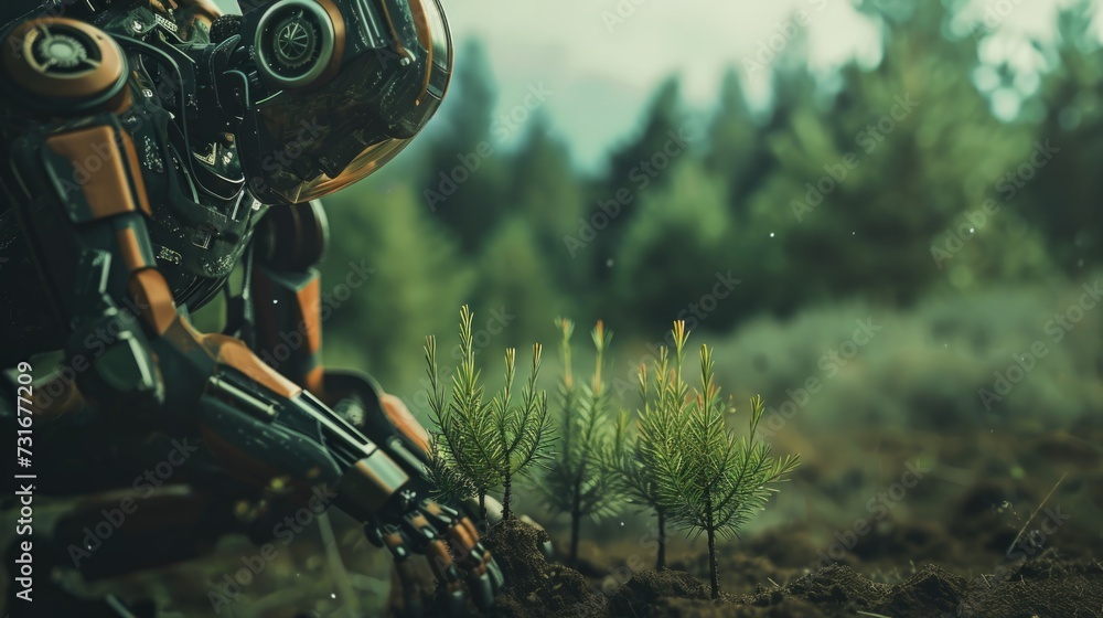 android robot planting seeds in soil, blurred backgrounds - obrazy, fototapety, plakaty 