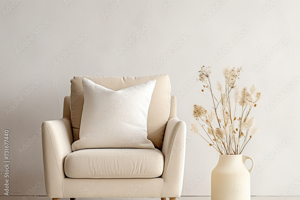 Cozy living room scene with white square pillow. Blank cushion case template for graphic design presentation. Pillow cover mockup for print, personalized illustration. Boho, minimalist. Cozy living room scene with white square pillow. Blank cushion case template for graphic design presentation. Pillow cover mockup for print, personalized illustration. Boho, minimalist.