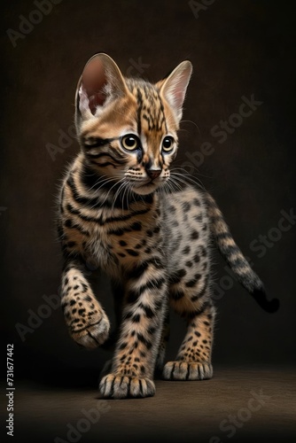 AI generated illustration of an adorable brown spotted bengal kitten on a dark background