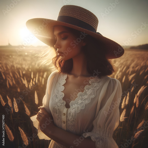 A charming image of a girl wearing a hat, standing gracefully in a field as the sun sets, creating a picturesque scene of peace and tranquility.