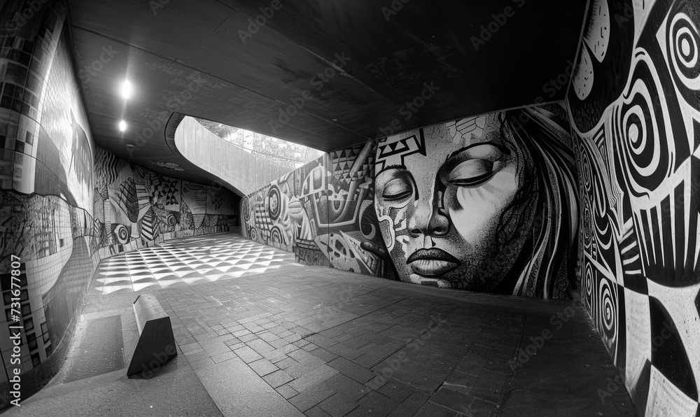 Obraz premium Artistic expressions in public spaces, black and white street art photo