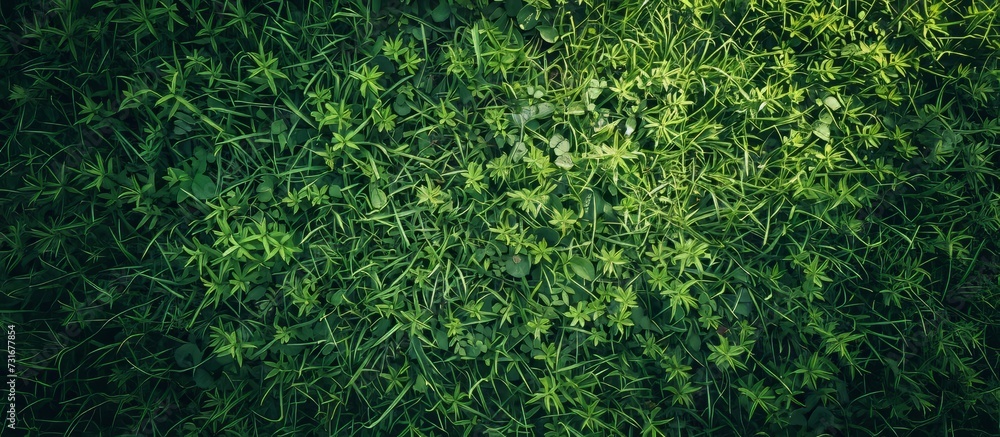 Drone's top-down view of a lush grass texture background. - obrazy, fototapety, plakaty 