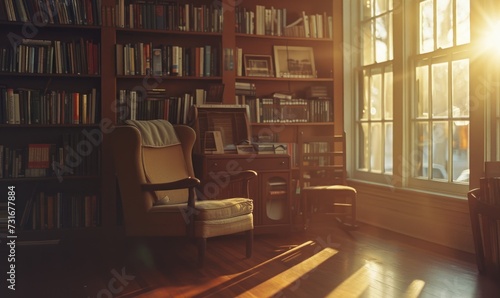 library interior with bookshelves, armchair and a bookcase in warm light