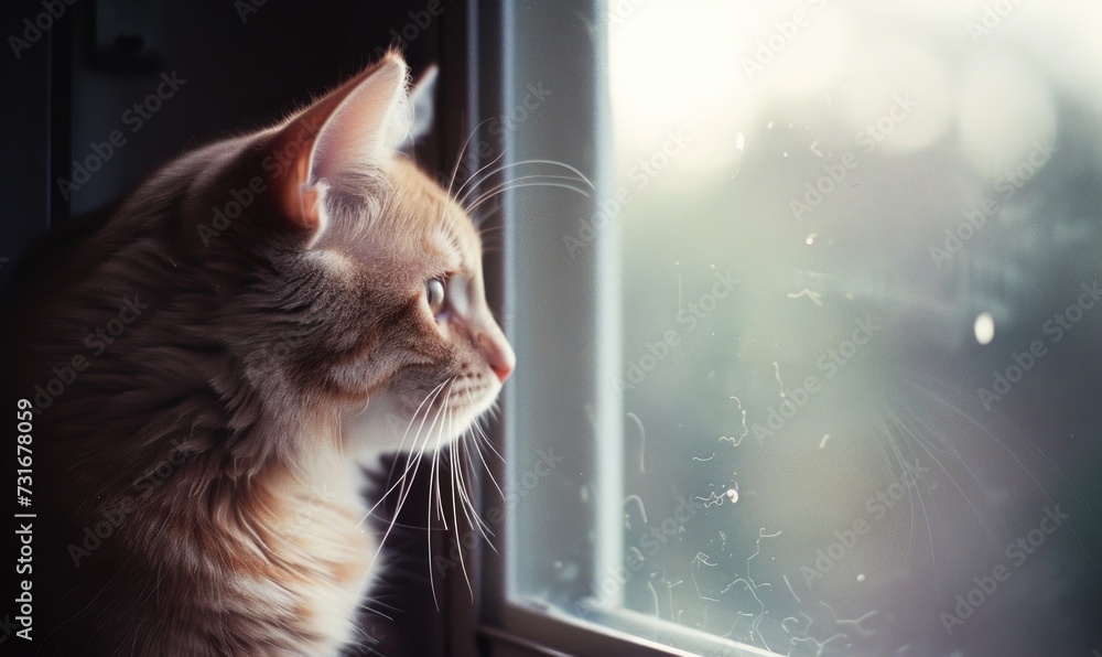 Cute ginger cat sitting on the windowsill and looking out the window