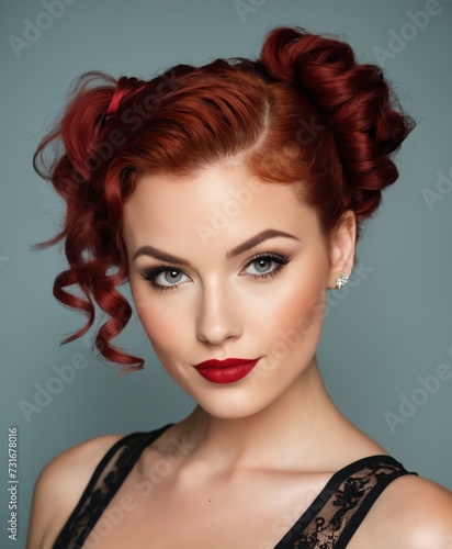 beautiful woman  short curly red hair done up in pigtails  high cheekbones  perfect skin  