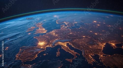 Europe from space during sunrise with country borders visible. 3D illustration. Celestial Connections. 3D rendering and illustration. High quality illustration