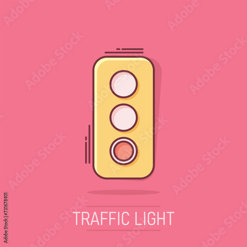 Semaphore icon in comic style. Traffic light cartoon vector illustration on isolated background. Crossroads splash effect business concept.