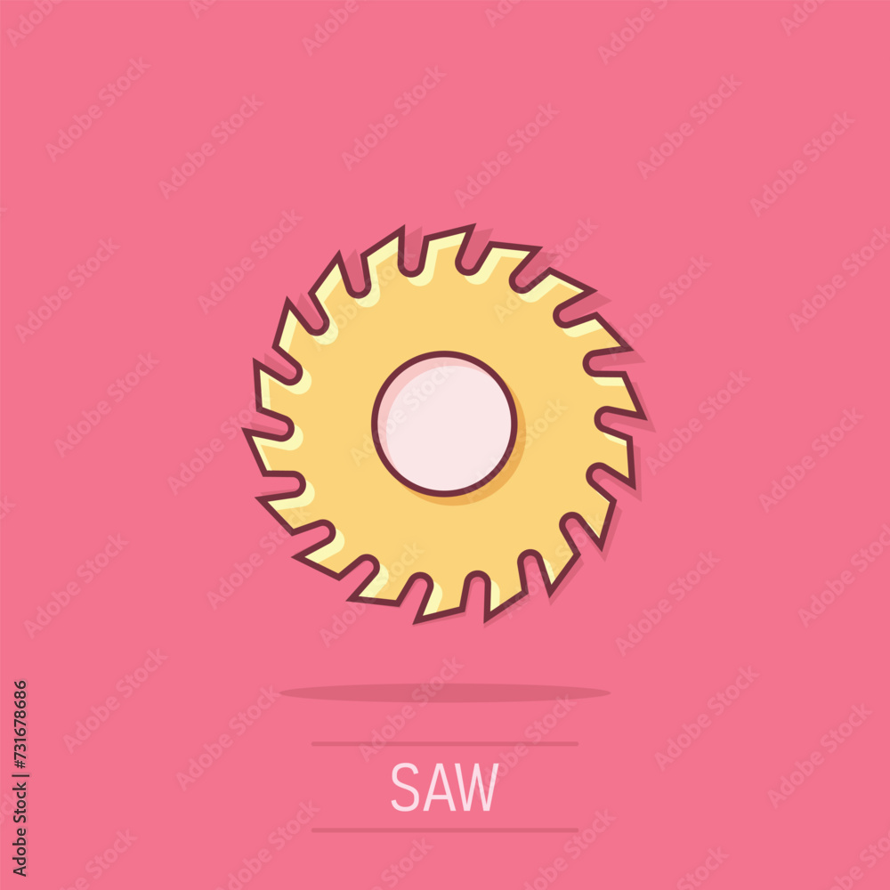 Saw blade icon in comic style. Circular machine cartoon vector illustration on isolated background. Rotary disc splash effect business concept.