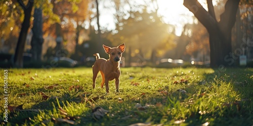 Chihuahua dog walking in the park at sunset. Dog in the rays of the setting sun photo