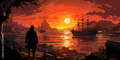 the pirate with a sword standing on ruins of boat and looking at golden treasures at sunset, digital art style, illustration painting