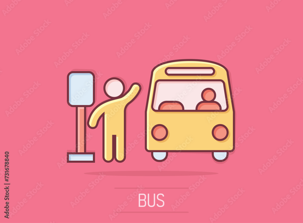 Bus station icon in comic style. Auto stop cartoon vector illustration