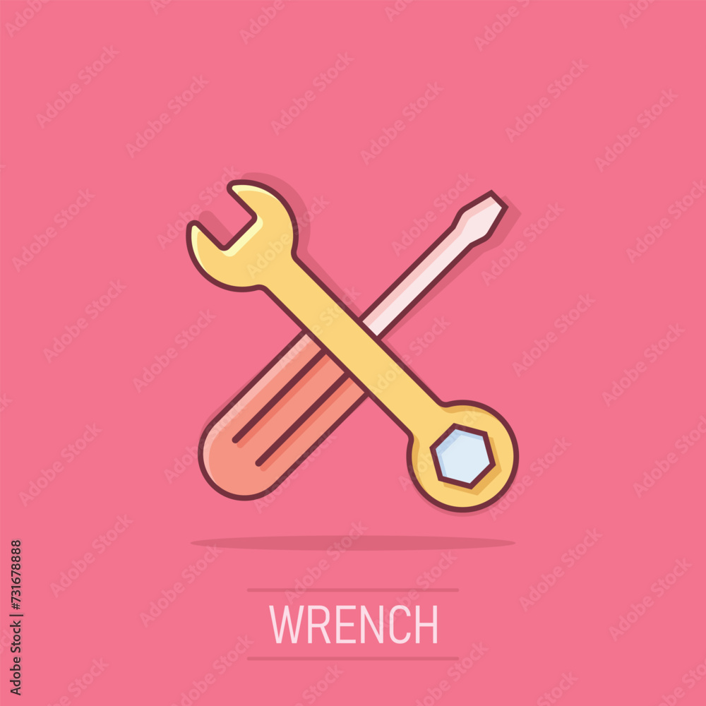 Wrench and screwdriver icon in comic style. Spanner key cartoon vector illustration on isolated background. Repair equipment splash effect business concept. Wrench and screwdriver icon in comic style. Spanner key cartoon vector illustration on isolated background. Repair equipment splash effect business concept.