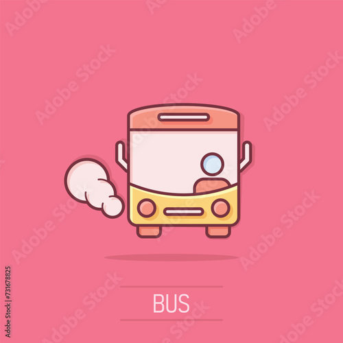 Bus icon in comic style. Coach cartoon vector illustration on isolated background. Autobus vehicle splash effect business concept.