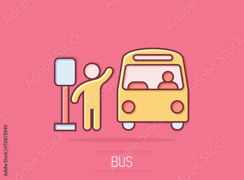 Bus station icon in comic style. Auto stop cartoon vector illustration on isolated background. Autobus vehicle splash effect business concept.