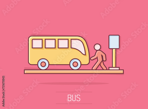 Bus station icon in comic style. Auto stop cartoon vector illustration on isolated background. Autobus vehicle splash effect business concept.