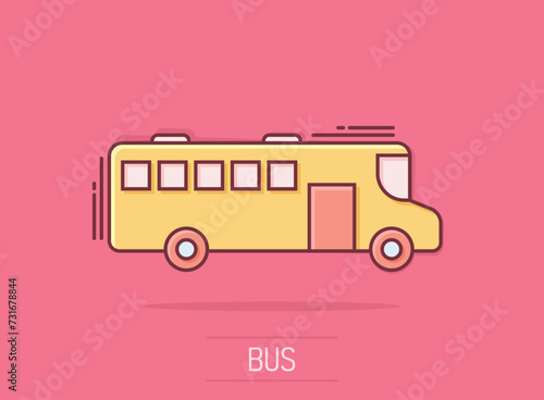 Bus icon in comic style. Coach cartoon vector illustration on isolated background. Autobus vehicle splash effect business concept.