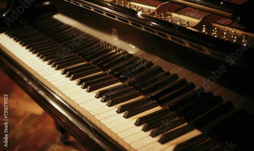 Close up of piano keys with golden bokeh background. Music concept