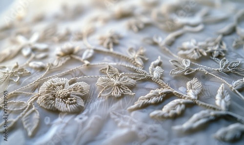 Closeup of beading and sequins on a wedding dress. Wedding dress in the morning sunlight. Close up of wedding dress