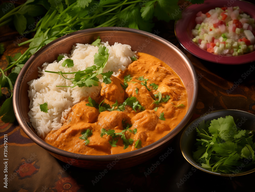 Chicken Tikka Masala with rice, indian dish in a copper bowl, asian cuisine Chicken Tikka Masala with rice, indian dish in a copper bowl, asian cuisine