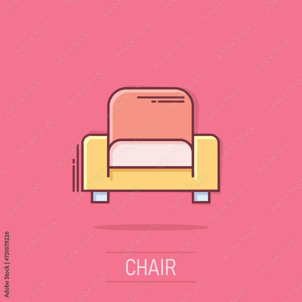Cinema chair icon in comic style. Armchair cartoon vector illustration on isolated background. Theater seat splash effect business concept. Cinema chair icon in comic style. Armchair cartoon vector illustration on isolated background. Theater seat splash effect business concept.