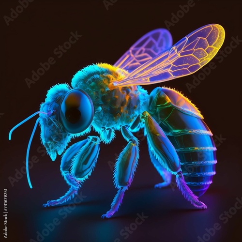 AI generated illustration of a bee in neon colors on a dark background
