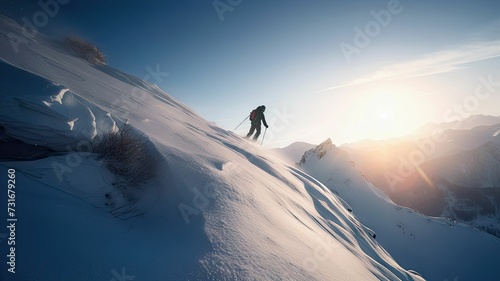 AI generated illustration of a young adult wearing a black ski jacket gliding down a snowy mountain